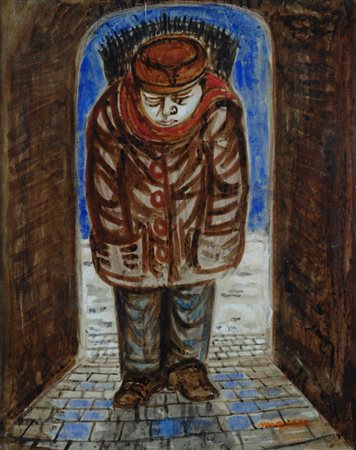 Giuseppe Migneco, Messina 1908 - Milano 1997, Boscaiolo con gerla, Olio su...