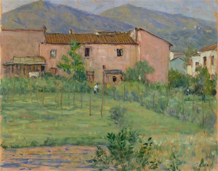 Galileo Chini, Firenze 1873 - 1956, Case al Lido, Olio su compensato, cm....