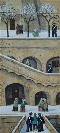 Norberto Proietti, Spello 1927 - 2009, La Prigione, Olio su tavola, cm....