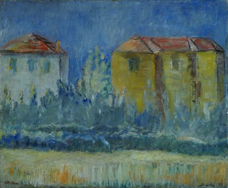 Angelo Del Bon, Milano 1898 - Desio 1952, Case in periferia, 1949, Olio su...