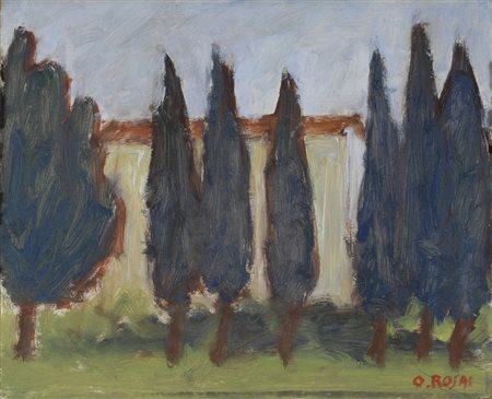 Ottone Rosai, Firenze 1895 - Ivrea 1957, Cipressi e case, (1955), Olio su...