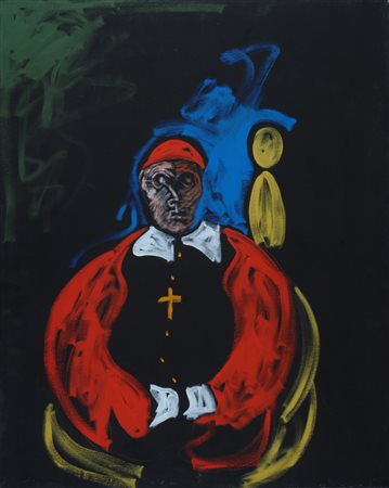 Tano Festa, Roma 1938 - 1988, Cardinale, Acrilico su tela, cm. 100x80, Firma...