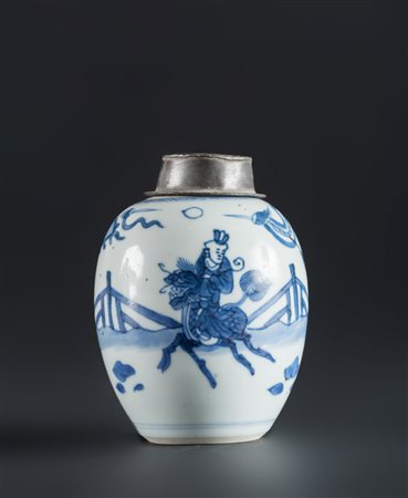 Arte Cinese Vasetto in porcellana bianco blu con marchio doppio cerchio Cina,...