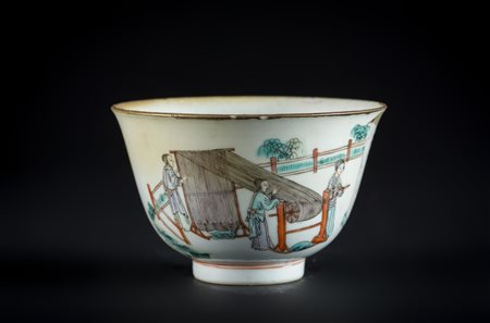 Arte Cinese Ciotola in porcellana decorata con dame e bambini in esterno ed...