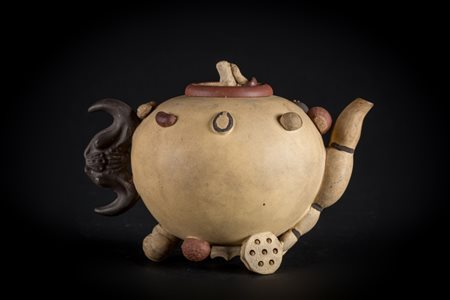 Arte Cinese Teiera in terracotta yixing con tappo a forma di fungo e decoro...
