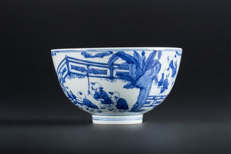 Arte Cinese Coppa in porcellana bianco/blu dipinta con raffigurazione di...