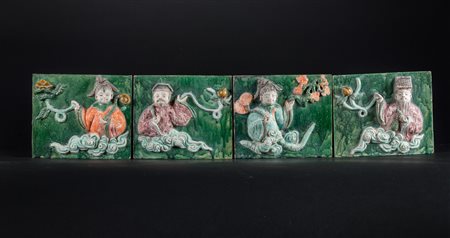 Arte Cinese Quattro formelle in ceramica invetriata Cina, dinastia Ming . -....