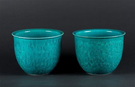 Arte Cinese Coppia di giardiniere in ceramica con invetriatura turchese Cina,...