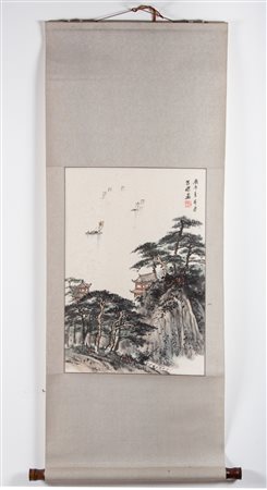 Arte Cinese Dipinto inchiostro e colori su carta raffigurante un paesaggio...