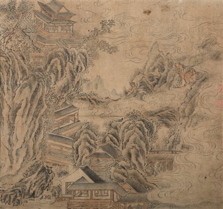 Arte Cinese Dipinto su carta raffigurante edifici in un paesaggio montuoso...