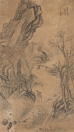 Arte Cinese Dipinto inchiostro e colori su carta raffigurante due dame in un...