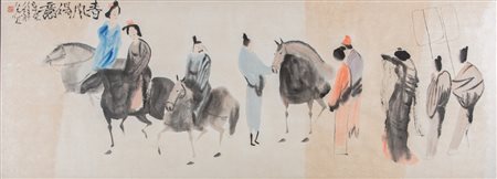 Arte Cinese Acquerello su carta raffigurante dei cavalieri e delle dame Cina,...