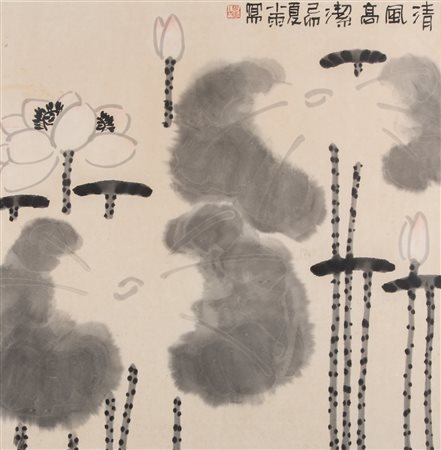 Arte Cinese Dipinto su carta raffigurante dei fiori di loto stilizzati...