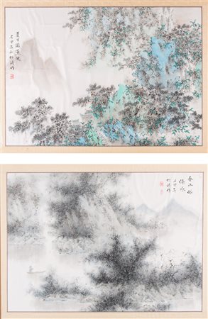 Arte Cinese Coppia di dipinti inchiostro e colori su carta raffiguranti...