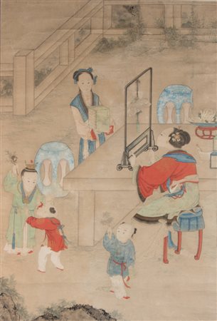 Arte Cinese Grande dipinto su carta raffigurante donne e bambini in esterno...