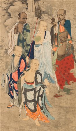 Arte Cinese Dipinto su carta raffigurante sei arhat Cina, dinastia Qing, XIX...