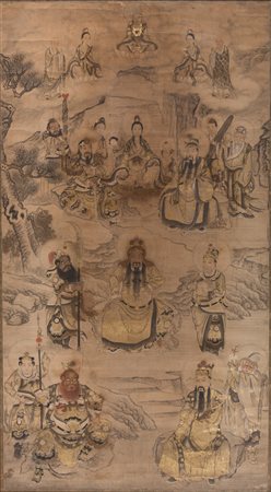 Arte Cinese Grande dipinto raffigurante diverse divinità del pantheon...