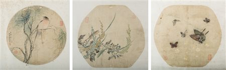 Arte Cinese Tre dipinti su seta raffiguranti animali Cina, dinastia Qing, XIX...