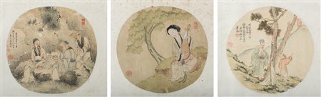 Arte Cinese Tre dipinti su seta raffiguranti personaggi in paesaggio Cina,...