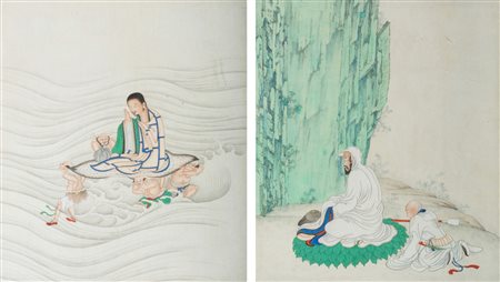 Arte Cinese Coppia di acquerelli raffiguranti degli arhat, probabilmente...