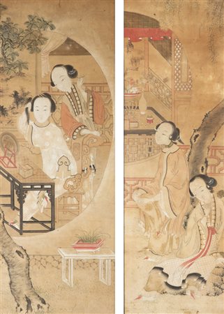 Arte Cinese Coppia di dipinti raffiguranti dame in un padiglione esterno...