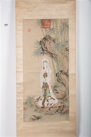 Arte Cinese Dipinto raffigurante Guanyin firmato Chen Dong Bangda Cina,...
