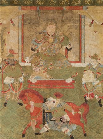 Arte Cinese Dipinto su seta raffigurante Guandi tra attendenti e guerrieri...