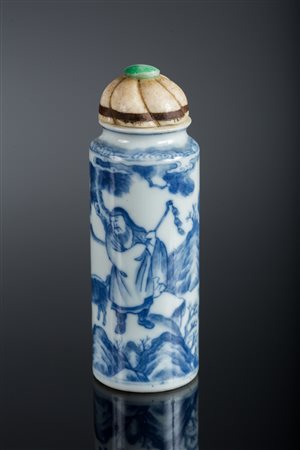 Arte Cinese Tabacchiera cilindrica in porcellana bianco/ blu dipinta con...