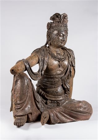Arte Cinese Scultura in legno policromo raffigurante Guanyin Cina, dinastia...