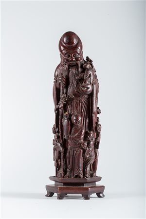 Arte Cinese Intaglio in bamboo raffigurante Shulao con bambini ed un cervo...