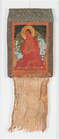Arte Himalayana Piccola thangka raffigurante probabilmente l'Arhat Abheda...