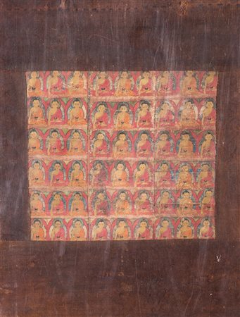Arte Himalayana Tre frammenti di thangka raffiguranti cinquantaquattro Buddha...
