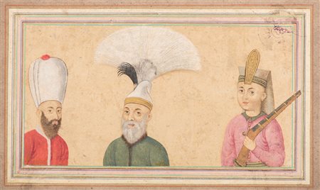 Arte Islamica Miniatura raffigurante tre dignitari Ottomani Turchia, periodo...