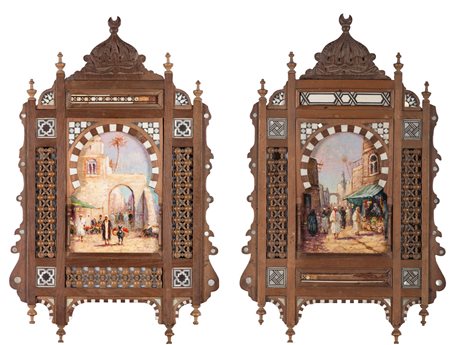 Arte Islamica Coppia di dipinti orientalisti entro cornice architettonica in...