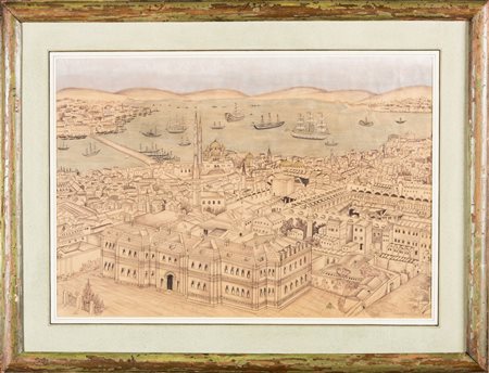 Arte Islamica Disegno acquarellato raffigurante Istanbul Turchia, tardo XIX...