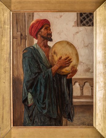 Arte Islamica Suonatore di Tef firmato con monogramma e datato 1870 Olio su...