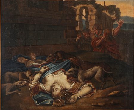 ARTISTA DEL XVII SECOLO. La regina Gezabele divorata dai cani. Olio su tela....