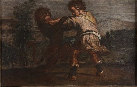 ARTISTA DEL XVII SECOLO. Ercole e il leone. . Olio su tavola. Cm 32,50 x...
