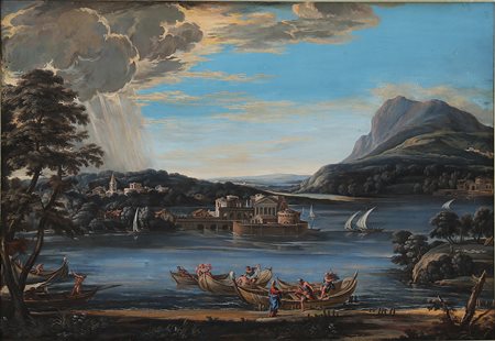 ARTISTA ROMANO DEL XVIII SECOLO Pesca miracolosa. . Tempera su carta. Cm...