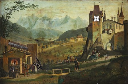 ARTISTA DEL XVIII SECOLO Paesaggio con personaggi, con orologio e cascata...