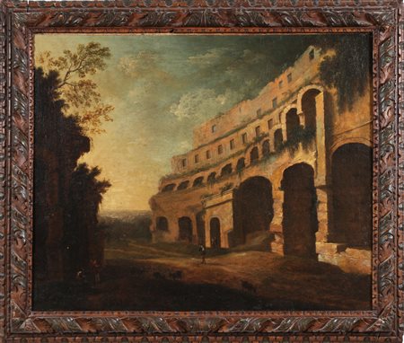 ARTISTA DEL XVIII SECOLO Paesaggio con architetture e personaggi. Olio su...