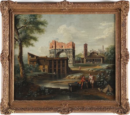ANONIMO PITTORE DEL XVIII SECOLO Paesaggio con figure. Olio su tela. Cm 60,00...