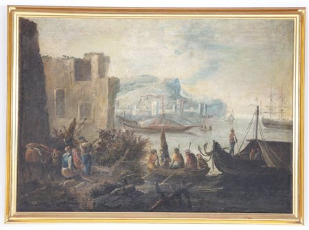 ARTISTA VENETO DEL XVII SECOLO Marina con cavalieri. Olio su tela. Cm 114,00...