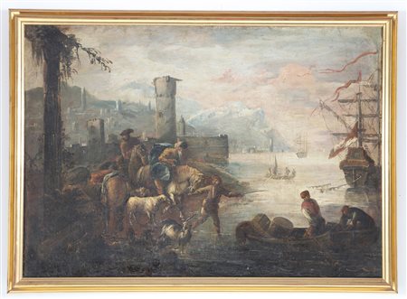ARTISTA VENETO DEL XVII SECOLO Marina con viandanti. Olio su tela. Cm 114,00...
