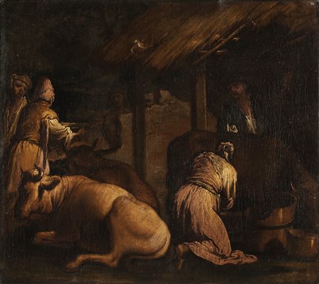 ARTISTA VENETO DEL XVII SECOLO Stalla con armenti. Olio su tela. Cm 50,00 x...