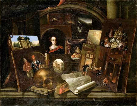ARTISTA DEL XVII SECOLO. Trompe l'oeil con vanitas. . Olio su tela. Cm 105,00...
