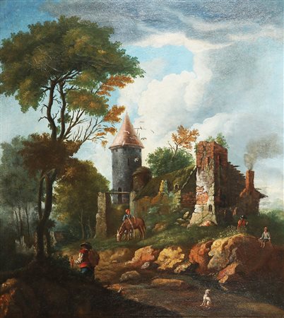 ARTISTA DEL XVIII SECOLO Paesaggio. Olio su tela. Cm 81,00 x 90,00. . Cornice...