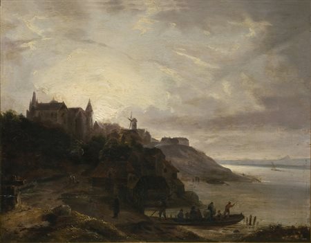 ARTISTA FIAMMINGO DEL XVIII SECOLO Paesaggio marino con pescatori. Olio su...