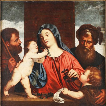 ARTISTA VENETO DEL XVII SECOLO Madonna con Bambino e santi. Olio su tela. Cm...