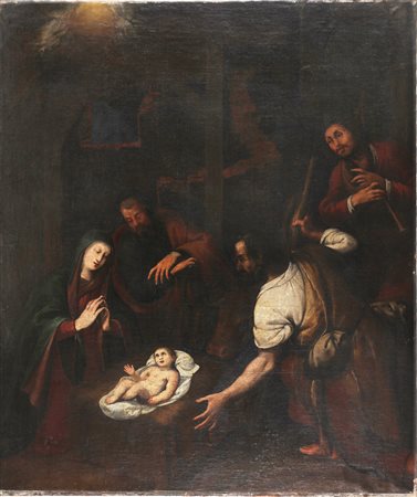 SCUOLA LOMBARDA XVI-XVII SECOLO Natività. Olio su tela. Cm 95,00 x 113,00. ....